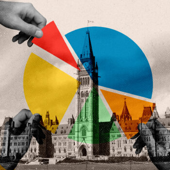 Parliament building in the background with hands reaching and grabbing slices of a coloured pie graph